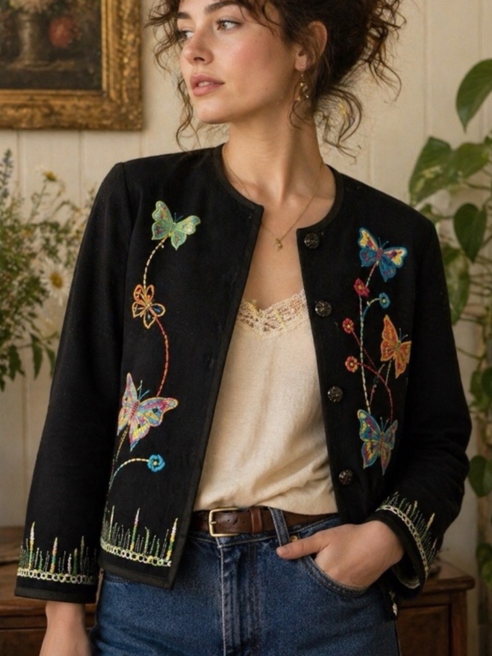 Vintage Butterfly Embroidered Cotton Jacket Cottagecore Fairycore M/L